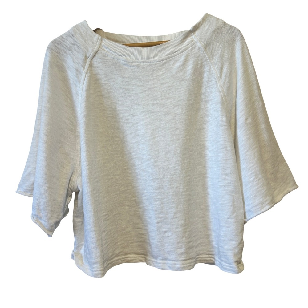 Aerie Top Sz S White Slub Knit Boxy Cropped Cotton Oversize Tee Beach Athleisure